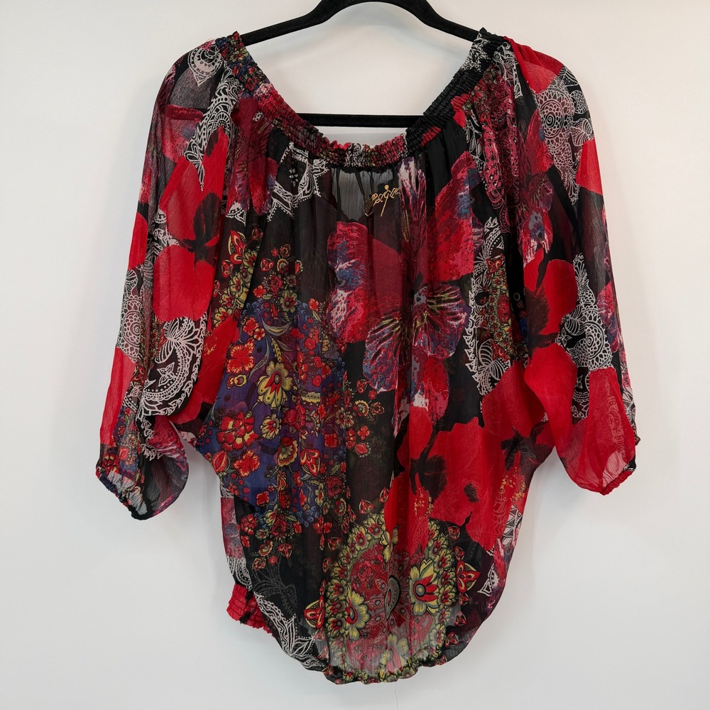 #1041 DESIGUAL Vibrant Red Black Floral & Paisley Peasant Chiffon Batwing Blouse